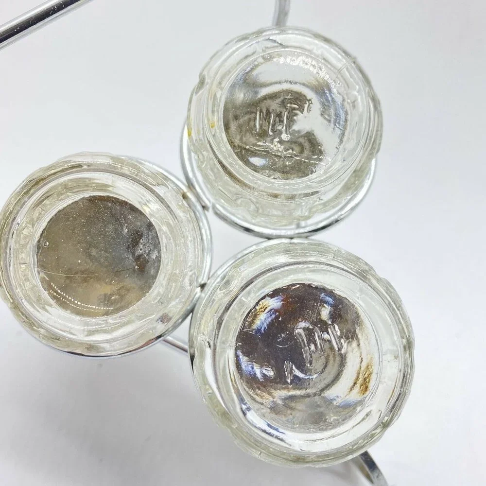 Vintage Glass Salt Pepper Mustard Condiment Set Wheelbarrow Caddy Metal‎ Holder